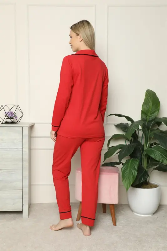 Akbeniz Women's 100% Cotton Jersey Front Buttoned Long Sleeve Pajama Set 2714 - 8