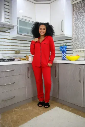 Akbeniz Women's 100% Cotton Jersey Front Buttoned Long Sleeve Pajama Set 2714 - 1