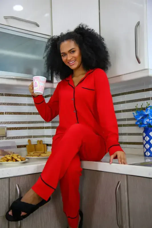 Akbeniz Women's 100% Cotton Jersey Front Buttoned Long Sleeve Pajama Set 2714 - 2