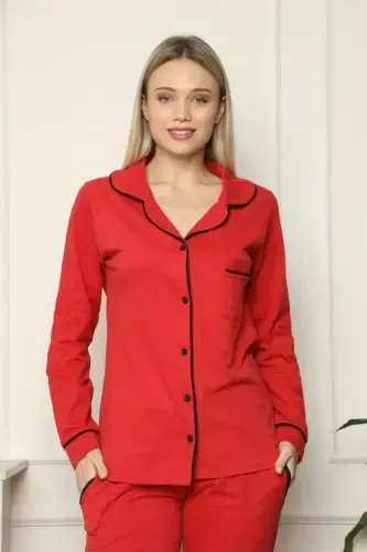 Akbeniz Women's 100% Cotton Jersey Front Buttoned Long Sleeve Pajama Set 2714 - 6