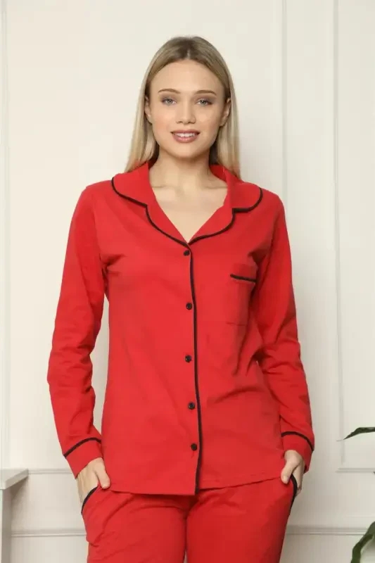 Akbeniz Women's 100% Cotton Jersey Front Buttoned Long Sleeve Pajama Set 2714 - 6