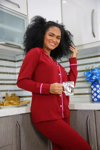 Akbeniz Women's 100% Cotton Jersey Front Buttoned Long Sleeve Pajama Set 2716 - 2
