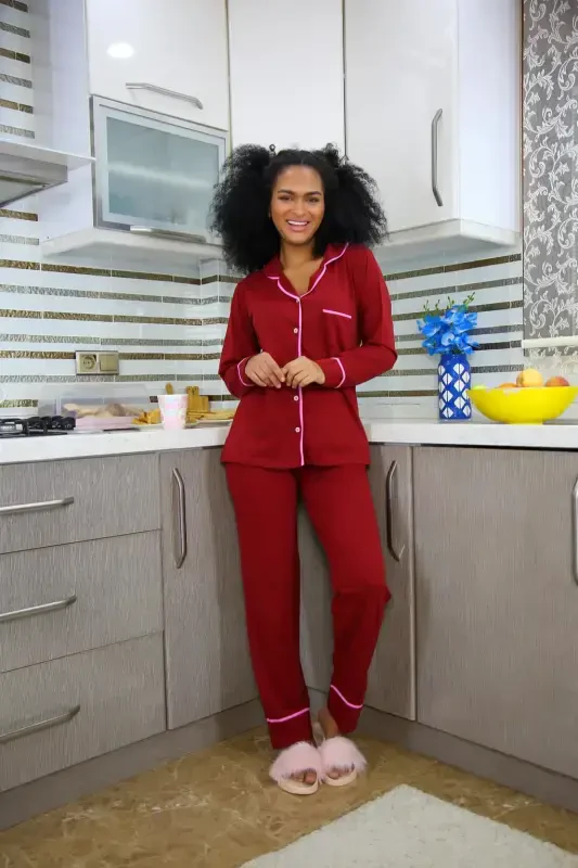 Akbeniz Women's 100% Cotton Jersey Front Buttoned Long Sleeve Pajama Set 2716 - 1