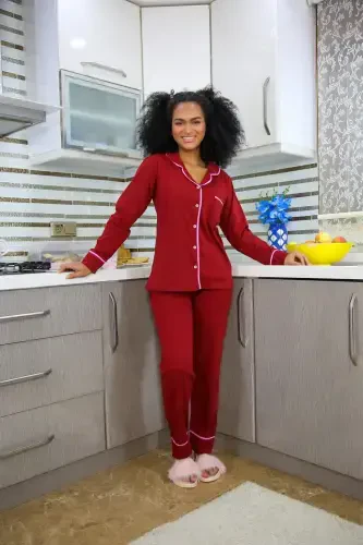 Akbeniz Women's 100% Cotton Jersey Front Buttoned Long Sleeve Pajama Set 2716 - 3