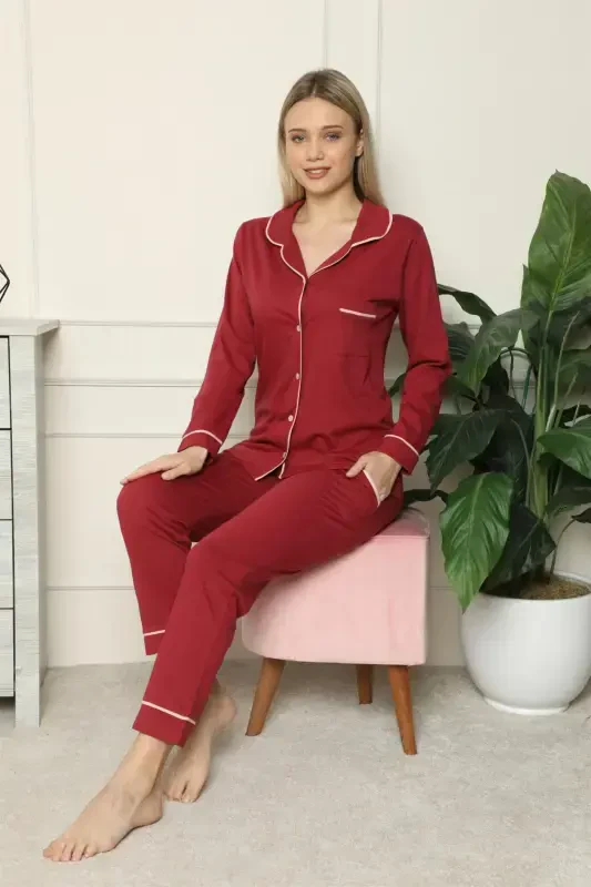 Akbeniz Women's 100% Cotton Jersey Front Buttoned Long Sleeve Pajama Set 2716 - 7