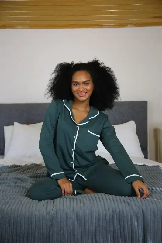 Akbeniz Women's 100% Cotton Knit Button-Front Long Sleeve Pajama Set 2715 - 1