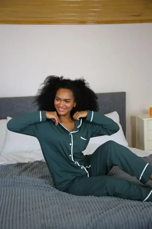 Akbeniz Women's 100% Cotton Knit Button-Front Long Sleeve Pajama Set 2715 - 2