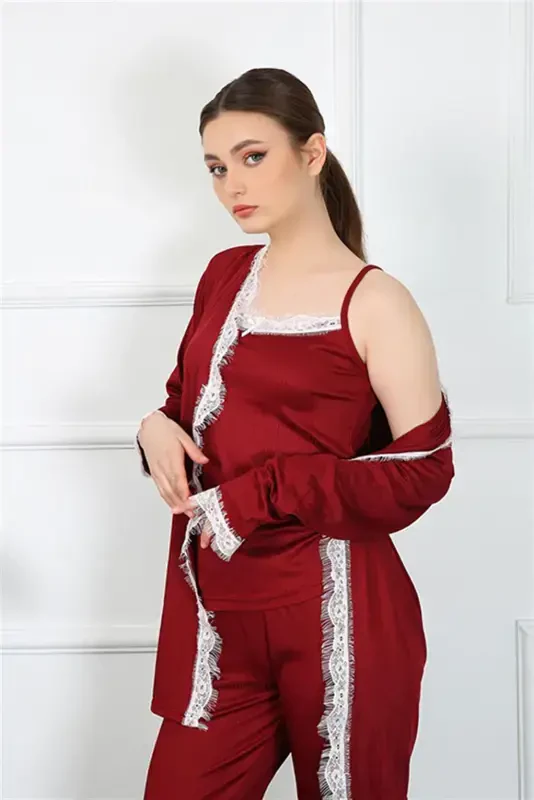 Akbeniz Women's 3-Piece Burgundy Robe Set 16108 - 3