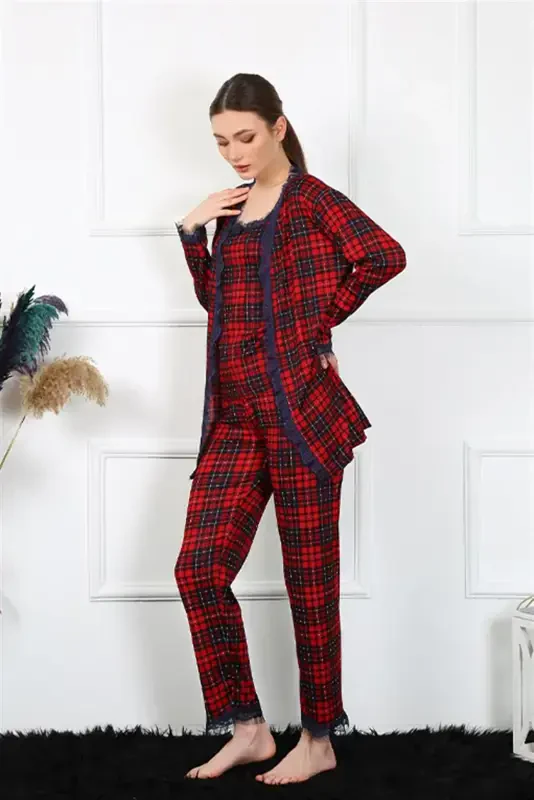Akbeniz Women's 3-Piece Plaid Robe Set 16106 - 3