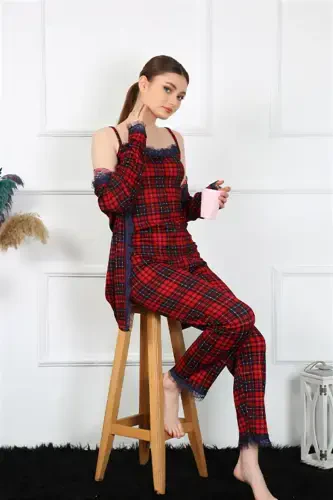 Akbeniz Women's 3-Piece Plaid Robe Set 16106 - 4