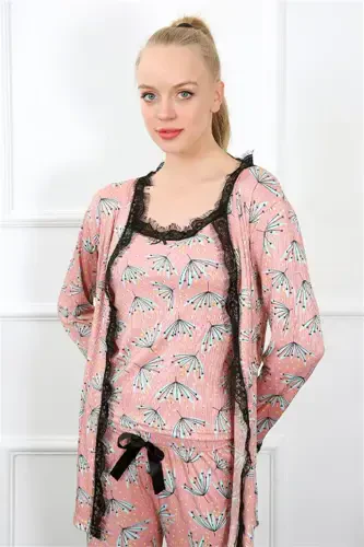 Akbeniz Women's 3-Piece Salmon Morning Robe Pajama Set 16103 - 2