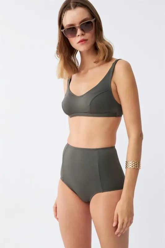 Akbeniz Women's Basic Khaki Padded High Waist Bikini Set - 3