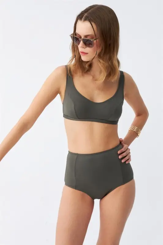 Akbeniz Women's Basic Khaki Padded High Waist Bikini Set - 4