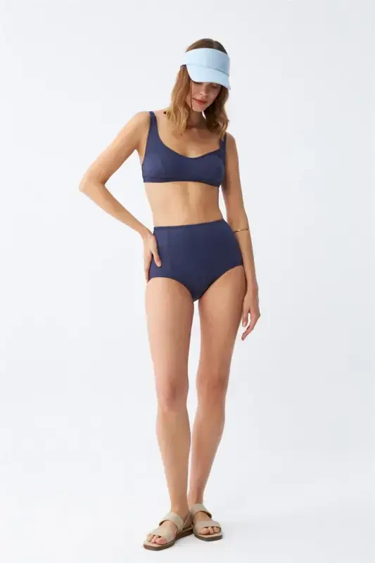 Akbeniz Women's Basic Navy Blue Padded High Waist Bikini Set - 3