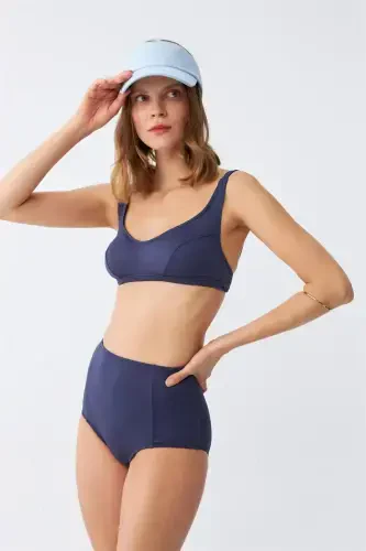 Akbeniz Women's Basic Navy Blue Padded High Waist Bikini Set - 4