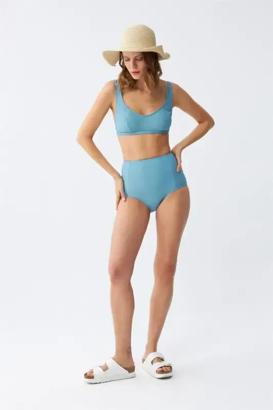 Akbeniz Women's Basic Turquoise Padded High Waist Bikini Set - 3