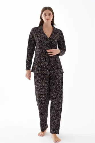 Akbeniz Women's Black Buttoned Heart Patterned Cotton Pajama Set - 3