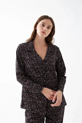 Akbeniz Women's Black Buttoned Heart Patterned Cotton Pajama Set - 4