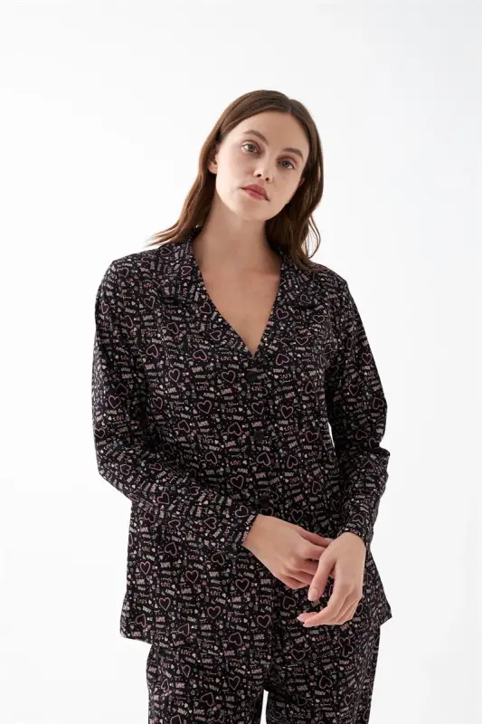 Akbeniz Women's Black Buttoned Heart Patterned Cotton Pajama Set - 4