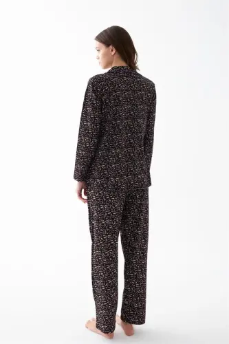 Akbeniz Women's Black Buttoned Heart Patterned Cotton Pajama Set - 5