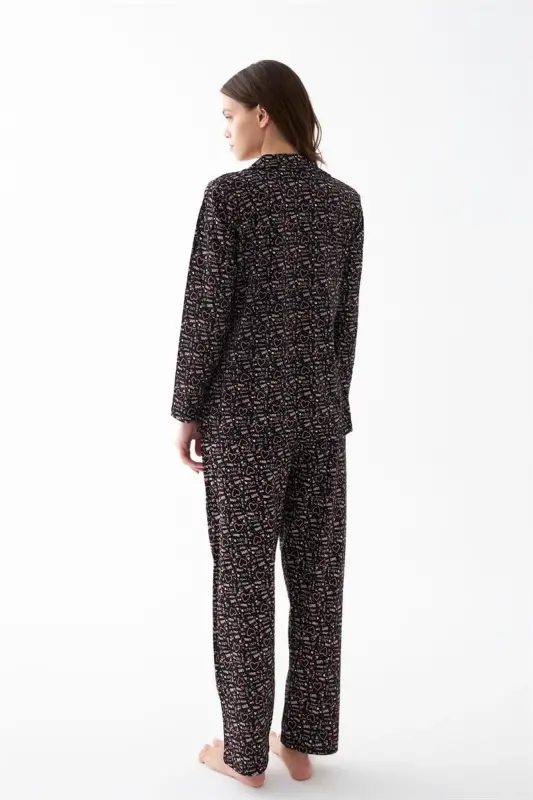 Akbeniz Women's Black Buttoned Heart Patterned Cotton Pajama Set - 5