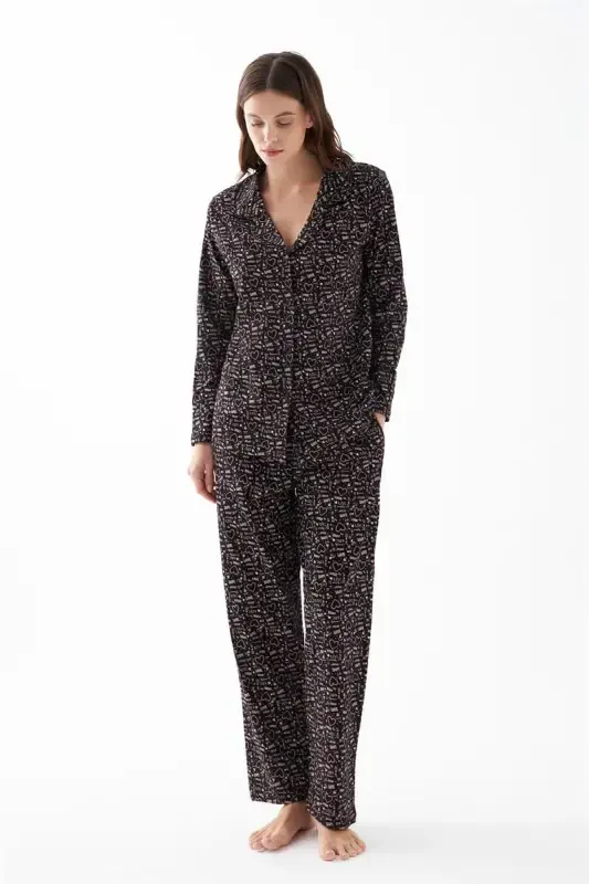 Akbeniz Women's Black Buttoned Heart Patterned Cotton Pajama Set - AKBENIZ