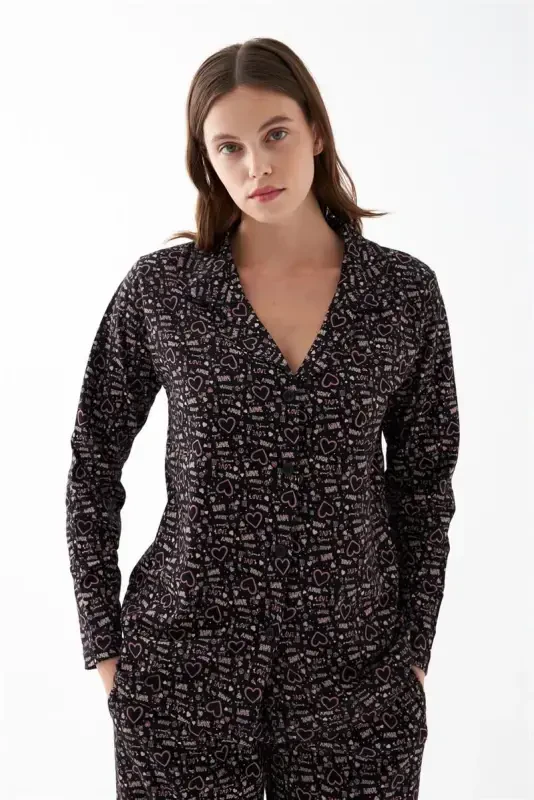 Akbeniz Women's Black Buttoned Heart Patterned Cotton Pajama Set - 2