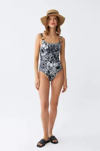 Akbeniz Women's Black Floral Patterned Accessory Strap One Piece Swimsuit - BÜYÜKBEDENIZ (1)