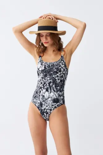 Akbeniz Women's Black Floral Patterned Accessory Strap One Piece Swimsuit - 4