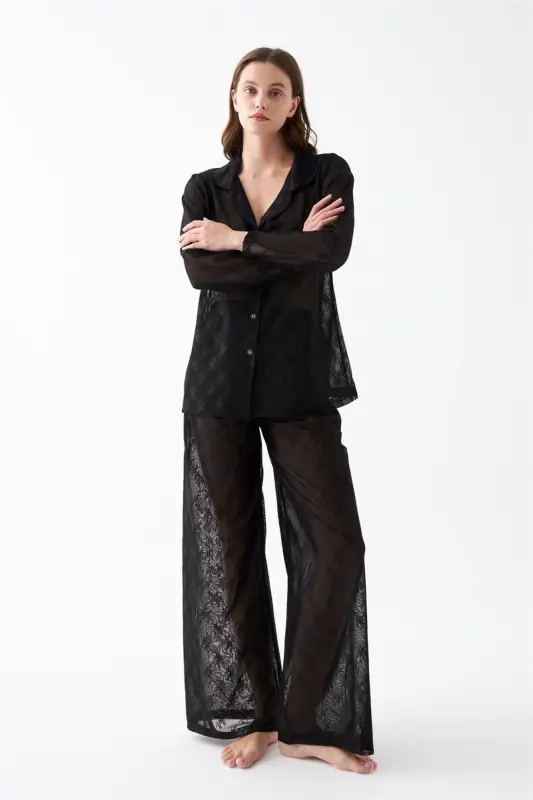 Akbeniz Women's Black Transparent Jacquard Buttoned Pajama Set - 1