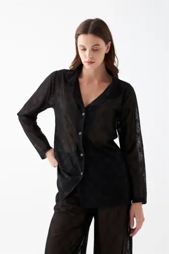 Akbeniz Women's Black Transparent Jacquard Buttoned Pajama Set - 3