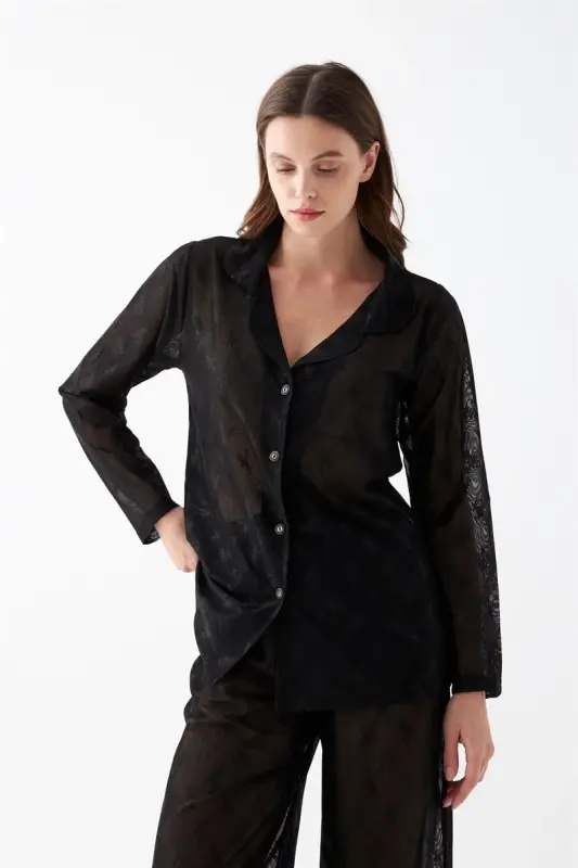 Akbeniz Women's Black Transparent Jacquard Buttoned Pajama Set - 3