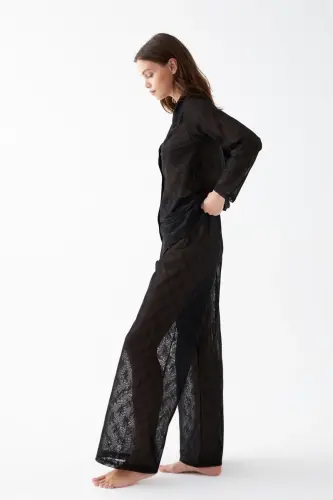 Akbeniz Women's Black Transparent Jacquard Buttoned Pajama Set - 4
