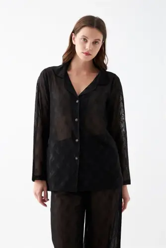 Akbeniz Women's Black Transparent Jacquard Buttoned Pajama Set - 5