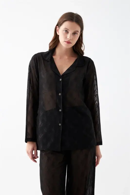 Akbeniz Women's Black Transparent Jacquard Buttoned Pajama Set - 5