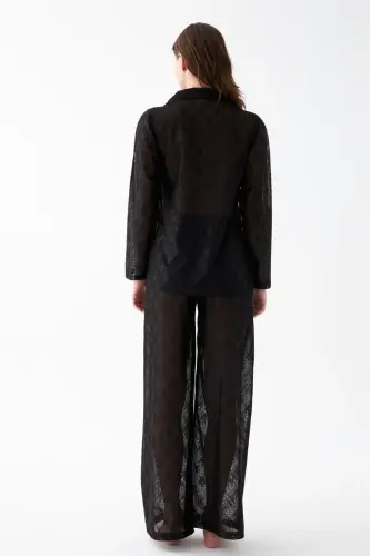 Akbeniz Women's Black Transparent Jacquard Buttoned Pajama Set - 6