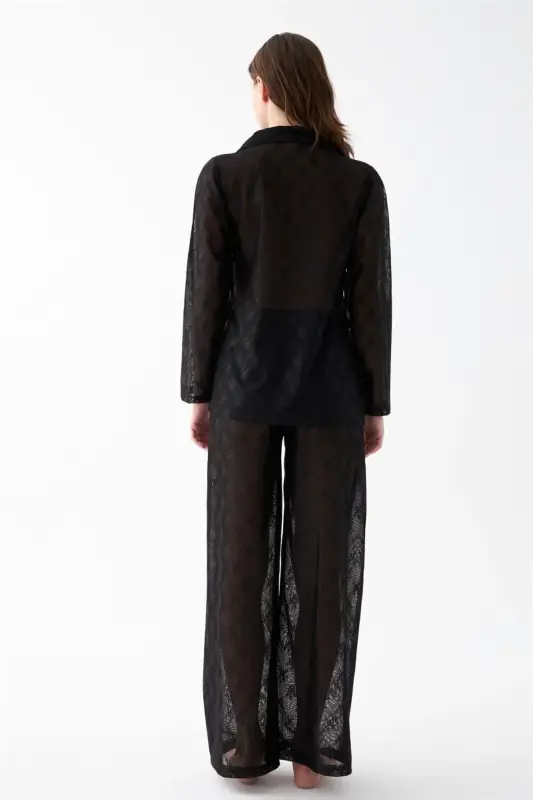 Akbeniz Women's Black Transparent Jacquard Buttoned Pajama Set - 6