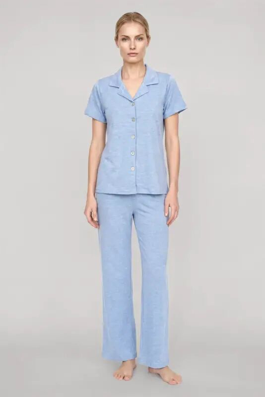 Akbeniz Women's Blue Classic Shirt Collar Pajama Set - Akbeniz
