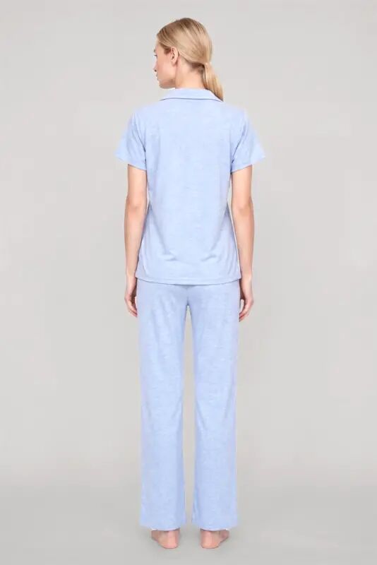 Akbeniz Women's Blue Classic Shirt Collar Pajama Set - 3