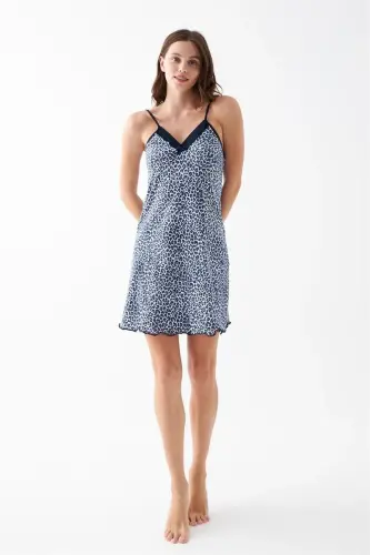 Akbeniz Women's Blue Leopard Patterned Lace Detailed Spaghetti Strap Nightgown - 3