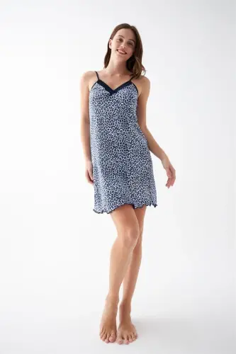 Akbeniz Women's Blue Leopard Patterned Lace Detailed Spaghetti Strap Nightgown - 5