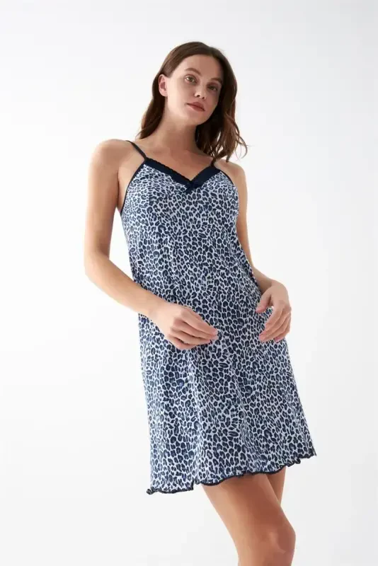 Akbeniz Women's Blue Leopard Patterned Lace Detailed Spaghetti Strap Nightgown - 2