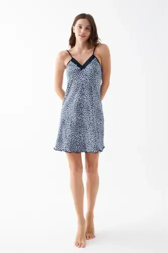 Akbeniz Women's Blue Leopard Patterned Lace Detailed Spaghetti Strap Nightgown - 3