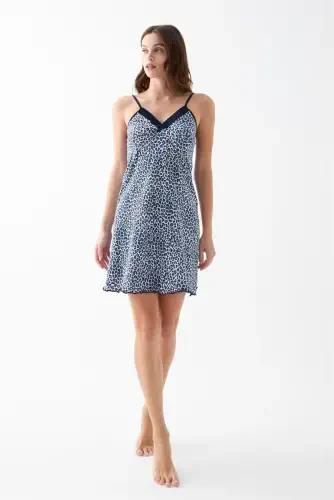 Akbeniz Women's Blue Leopard Patterned Lace Detailed Spaghetti Strap Nightgown - 4