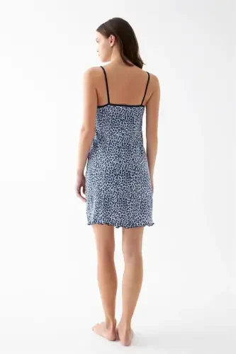 Akbeniz Women's Blue Leopard Patterned Lace Detailed Spaghetti Strap Nightgown - 6