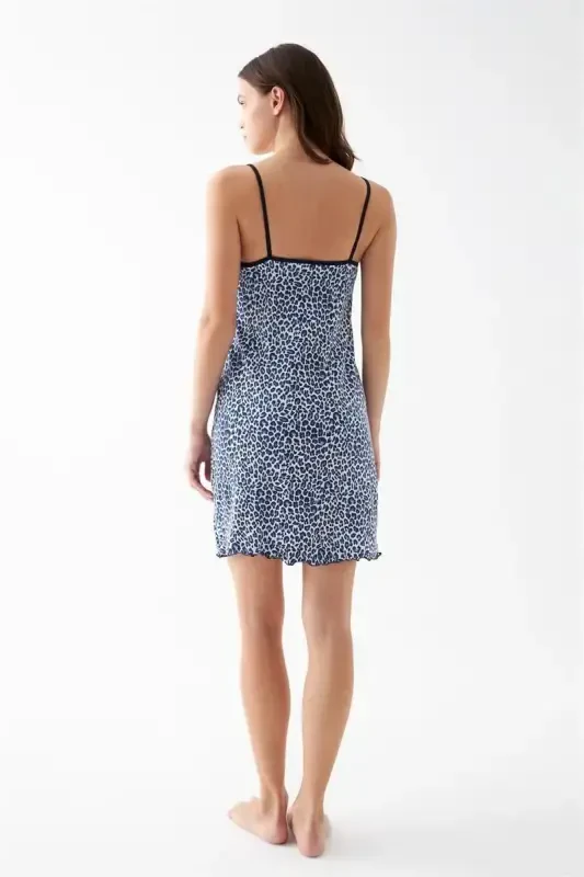 Akbeniz Women's Blue Leopard Patterned Lace Detailed Spaghetti Strap Nightgown - 6