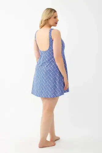 Akbeniz Women's Blue Patterned Plus Size Dress Swimsuit - 4