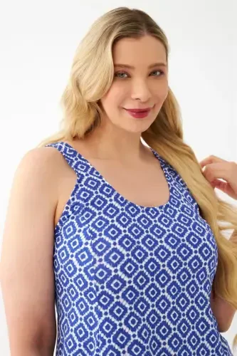 Akbeniz Women's Blue Patterned Plus Size Dress Swimsuit - 3