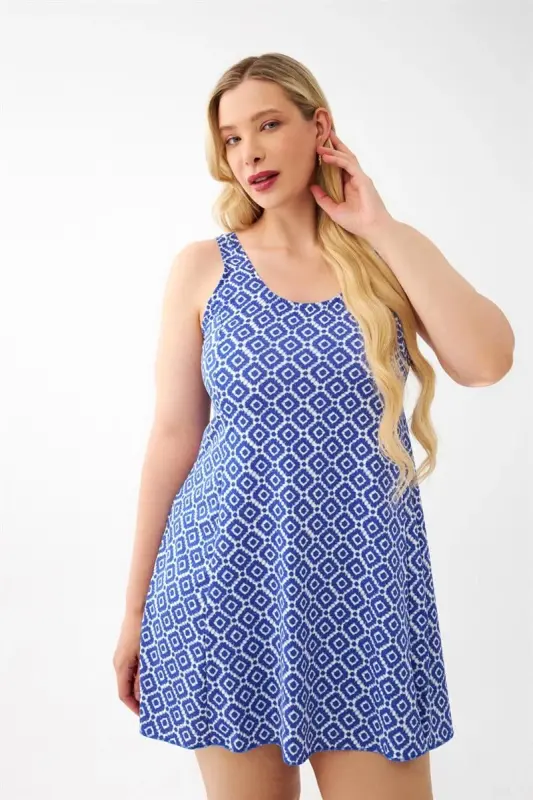 Akbeniz Women's Blue Patterned Plus Size Dress Swimsuit - 1
