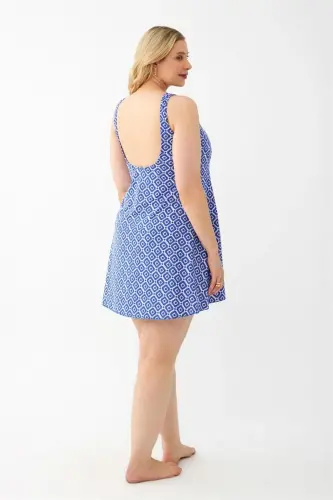 Akbeniz Women's Blue Patterned Plus Size Dress Swimsuit - 4